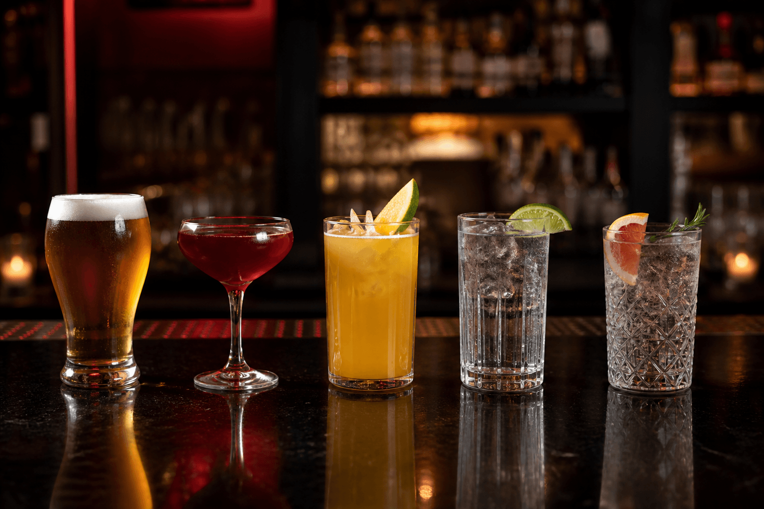 A balanced selection of beer, cocktails, and mixed drinks
