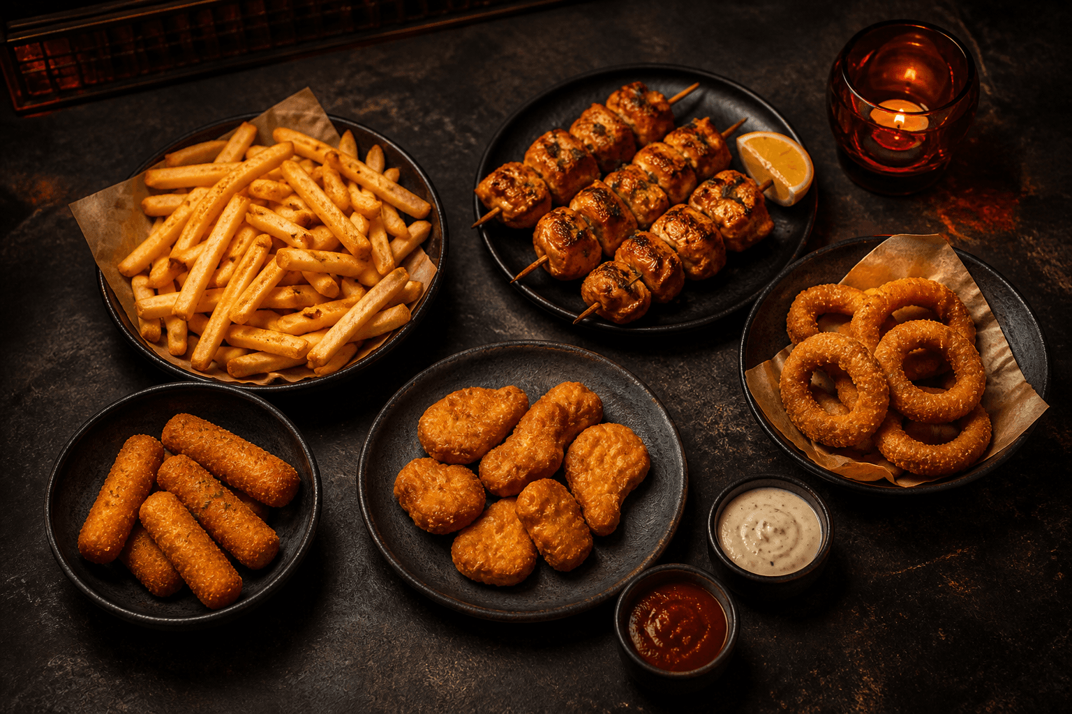 Fries, chicken tikka, mozzarella sticks, nuggets, onion rings, and dips